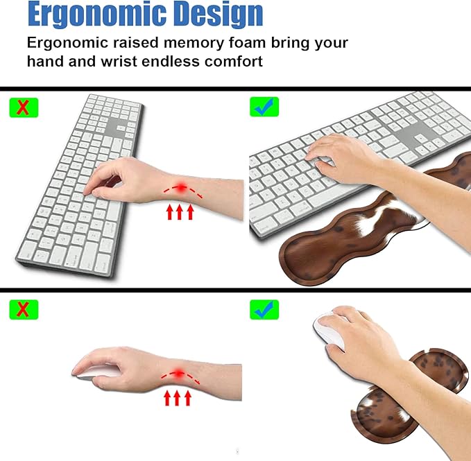 4 in 1 Ergonomic Memory Foam Mouse Pad Wrist Rest Set Large XXL Gaming Desk Pad + Keyboard Wrist Rest + Mouse Wrist Cushion + Coaster for Home Office Study Gaming Brown Cow Print
