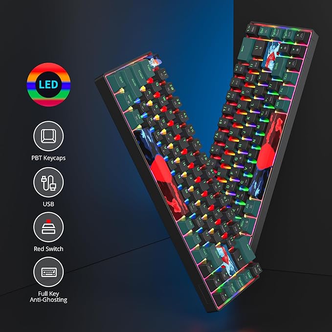 60 Percent Gaming Keyboard 68 Keys Mechanical Keyboard Rainbow Backlit Compact Wired Keyboard with Red Switch for Windows PS4/5 Xbox(68 Green)