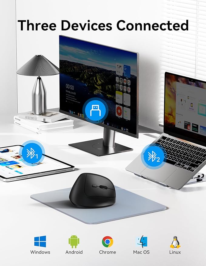 TECKNET Ergonomic Mouse Wireless Bluetooth Vertical Mouse (BT5.0/3.0 &amp 2.4G) Rechargeable 4800 DPI Optical Mouse with 6 Adjustable DPI Quiet Clicks USB A Receiver 6 Buttons - Wide Compatibilit