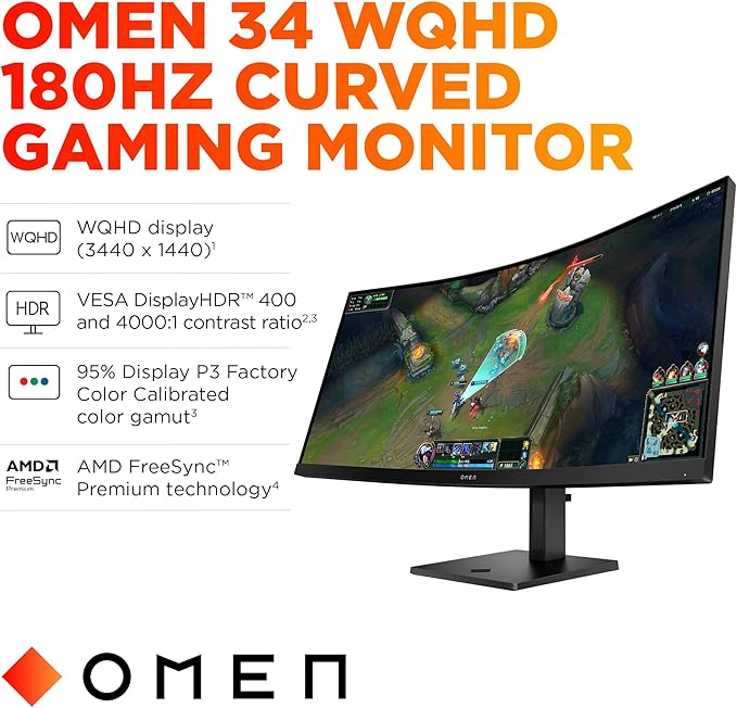 HP OMEN 34 inch WQHD 180Hz Curved Gaming Monitor Wide QHD Display (3440 x 1440) VA Panel VESA DisplayHDR 400 1ms MPRT (with Overdrive) AMD FreeSync Premium Technology Black OMEN 34c G2 (2025)