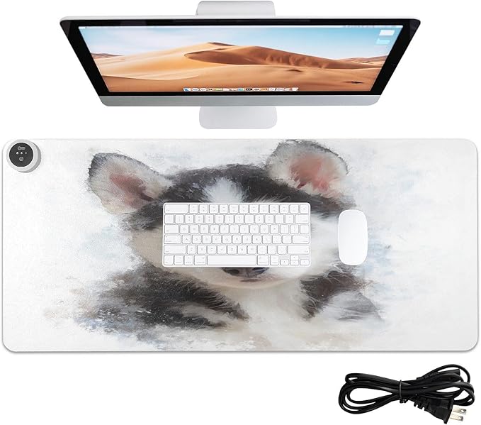 Husky Puppy White Black Print Heated Mouse Pad Large Non-Slip PU Leather Desk Mat with 3 Heating Levels &amp 3 Hours Auto Shut-Off for Home Winter Office