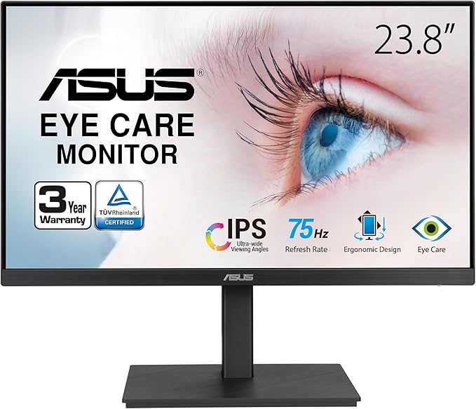 ASUS 24” 1080P Monitor (VA24EQSB) - Full HD IPS 75Hz Built-in Speakers Eye Care Low Blue Light Flicker Free VESA Mountable Height Adjustment Frameless DisplayPort HDMI VGA USB HubBlack