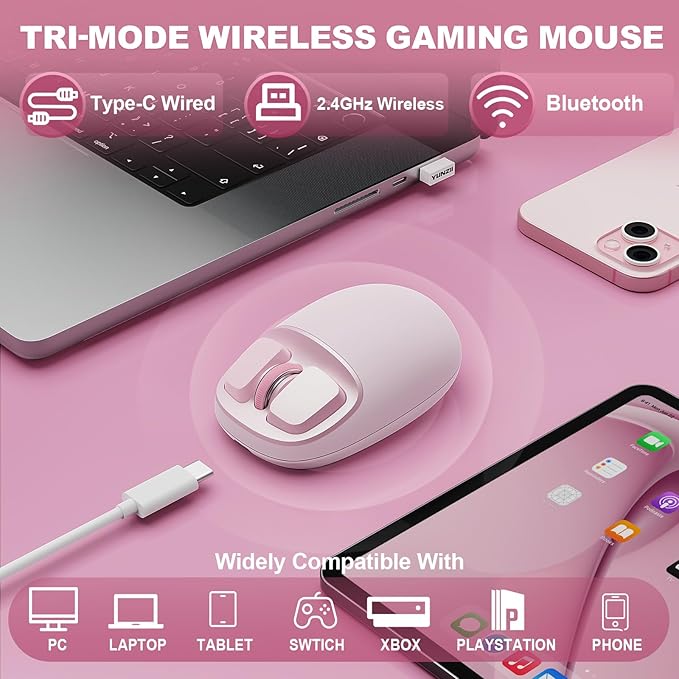 YUNZll C1 Silicone Wireless Mouse Tri-Mode 2.4G/USB-C/Bluetooth Mouse 4800 DPl Optical Tracking 6 Adjustment LevelsCustomize Mice for Laptop Computer iPad MacBook (Pink)