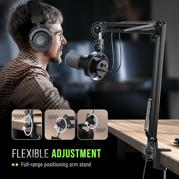 FIFINE K688 Podcast Microphone Kit USB/XLR Dynamic Microphone with Boom Arm for PC/XLR Mixer Gaming Mic with Mute Button Headphone Jack for Vocal Voice-Over Streaming Music Recording -K688CT