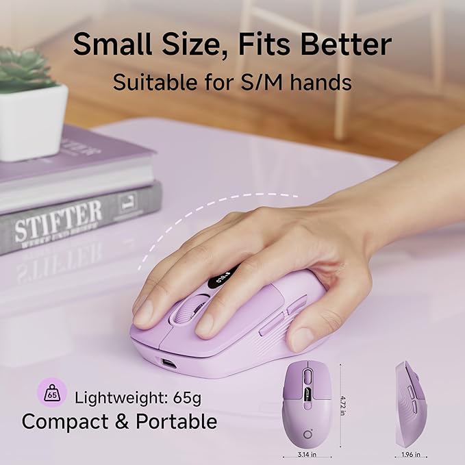 EWEADN Q1 Wireless Mouse BT &amp 2.4G Silent Mouse Quiet Click with 1600 DPI Levels Battery &amp DPI LED Screen Display 6 Button Small Portable Bluetooth Mouse for Laptop/PC/Mac-Purple