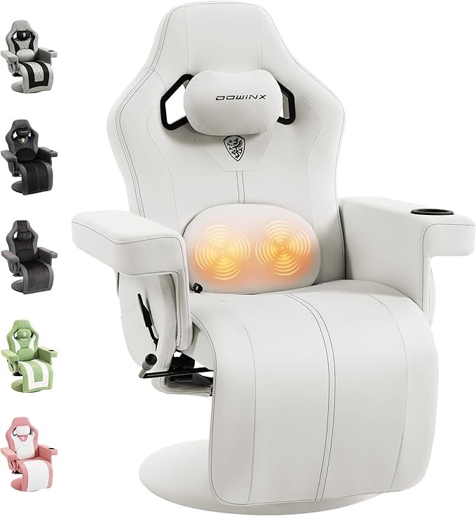 Dowinx Racing Style Gaming Recliner Chair with Massage Lumbar Support Footrest Cup Holder Side Pouch High Back Ergonomic Video Game Chair Reclining No Wheels Heavy Duty Leather White