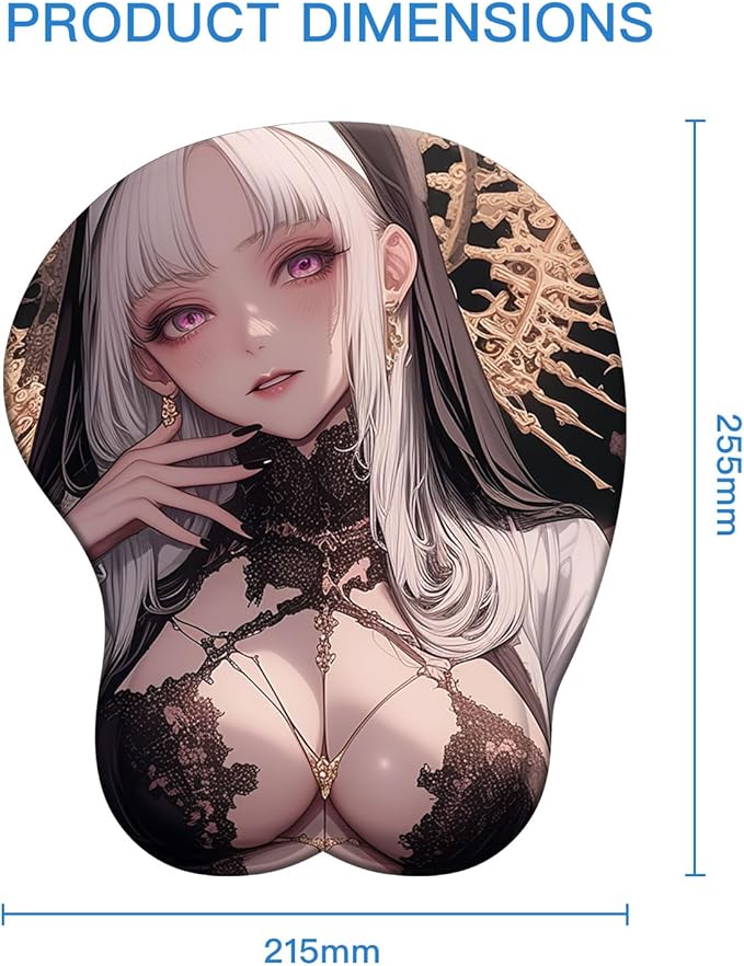 Japanese Style 3D Anime Sexy Wrist Rest Mouse Pad 3D Hot Anime Girl Gaming Mouse Pad Computer Accessroies Anti-Slip Base Silly Gift (Black Nun)