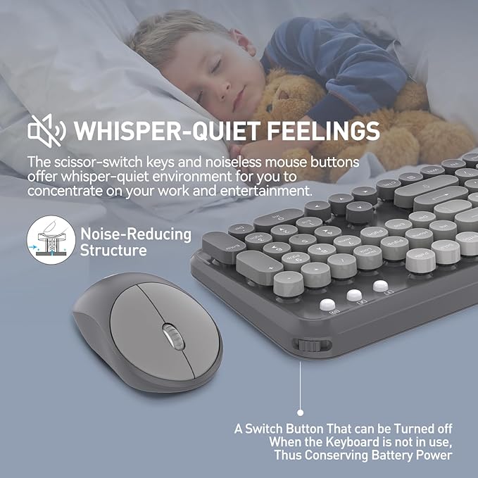 Wireless Keyboard and Mouse Combo 2.4 GHz Wireless Full-Sized Typewriter Keyboard with Round Keycaps for Windows Computer Desktop PC Laptop (Grey)