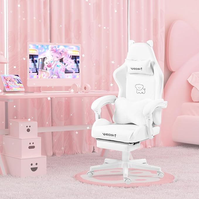 Cute Gaming Chair for Girl Ergonomic Cat Computer Chair with Armrests High Back Video Game Chairs with Footrest and Massage Lumbar Support for Teen &amp Woman Adjustable Height (White)