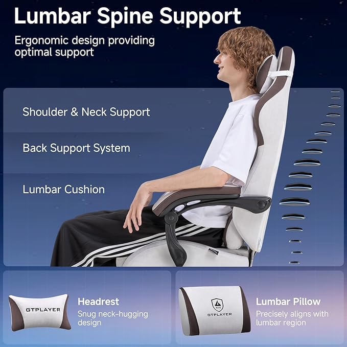 GTPLAYER Gaming Chair Video Game Chairs with Footrest and Lumbar Support Computer Chair for Adults with Extended Backrest Ergonomic Reclining Silla Gamer Fabric Brown