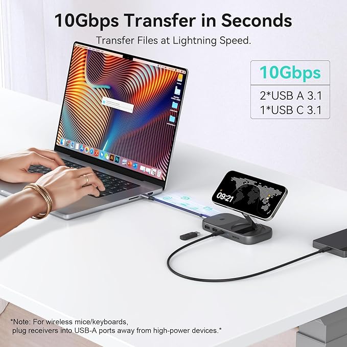MOKiN USB C Hub 15W Wireless Charger Qi2 Certified Magsafe Charging Stand with 4K@60Hz HDMI 100W PD 10Gbps USB C/A and 5W Charging Pad Laptop Docking Station for MacBook/Windows