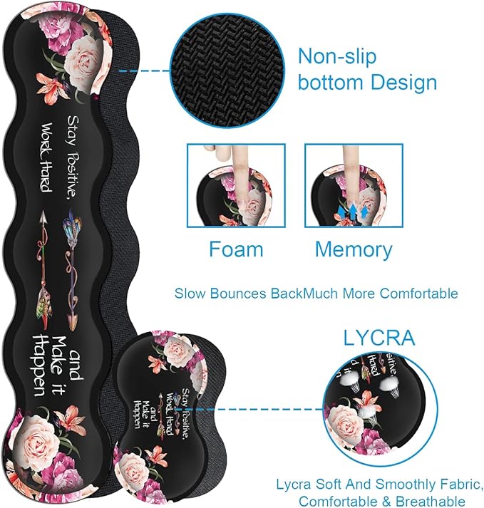 Large Mouse Pad with Wrist Support SetMemory Foam Keyboard Wrist Rest +XXL Extended Gaming Mouse Pad + Ergonomic Mouse Wrist PadPeony Flower Inspirational Quotes Office Black Desk Pad for Women Men
