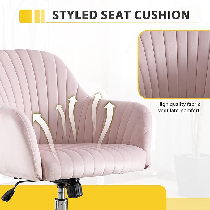 AMNOOL Office Chair Velvet Upholstered Lounge Chair Gaming Chair Makeup Chair Adjustable Height and Adjustable Casters Curved Back for Bedroom Office Study Room (Pink)