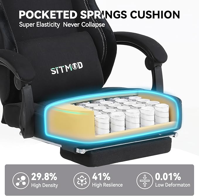 Gaming Chair Video Gaming Chairs for Adults Comfy Fabric Computer Office Chair with Pocket Spring Cushion 350lb Heavy Duty Ergonomic Gamer Chair 360° Swivel Lumbar Headrest 90-150° Recline Black