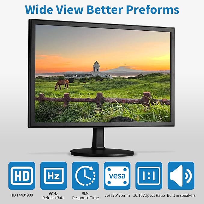 19 1440x900 PC Monitor Office Monitor HDMI VGA LED Desktop Display Dual Speakers60Hz5msVESA MountingWide Viewing Angle 170°Brightness 300cd/m²Tilt AdjustBusiness Computer Screen