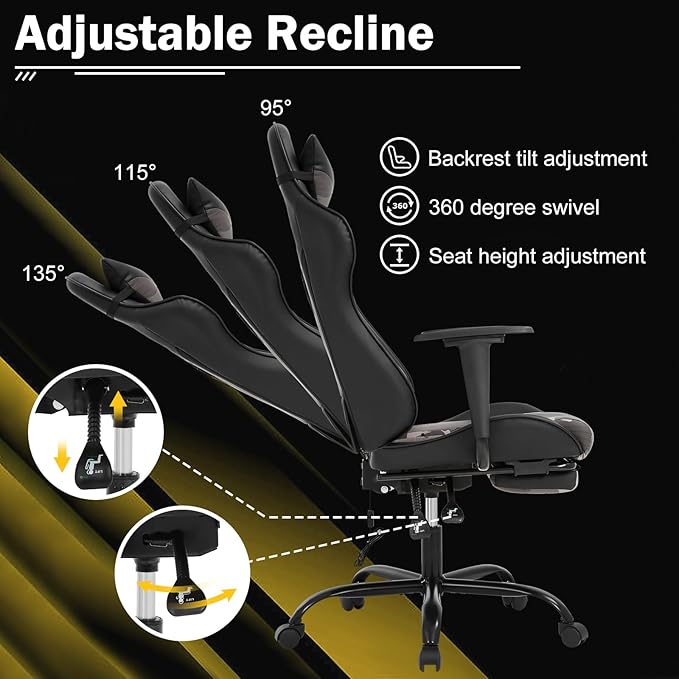 Massage Gaming Chair - Ergonomic PC Racing Office Chair with Lumbar Support Headrest Armrest Footrest - Black Heavy Duty PU Leather Recliner for Adults Gamer (Camo)