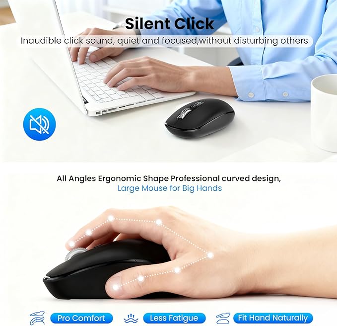 Wireless Bluetooth MouseUSB+BT×2Multi Device Ergo Full Size Mouses-big HandMetal 4-Way Super Scrolling± 3000 DPI10 ButtonsPlug&ampPlayQuietw/ 2 BatteriesMice for LaptopComputerTabletMaci