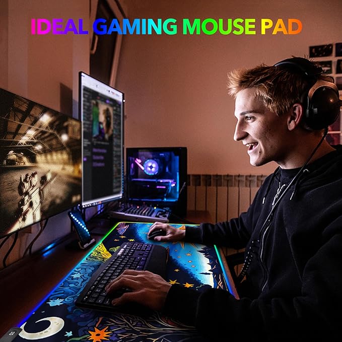 AIMSA Large Gaming Mouse Pad RGB Keyboard Led Mousepad Extended 35.4 x 15.8 inch Non-Slip Rubber Base with 14 Lighting Modes Desk Mat Abstract Sun
