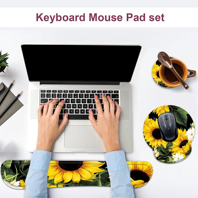Keyboard Wrist Rest and Mouse Wrist Rest Pad with Cup CoasterMade of Memory FoamErgonomic SupportEasy-Typing and Pain Relieffor Gaming Office Home ComputerNice Sunflowers Floral