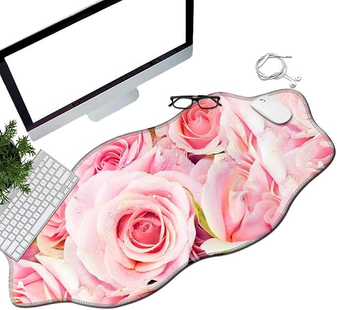 Pink Rose Desk Mat Mouse Pad 35.4X15.7 XL Extended Mousepad Huge Mouse Pads with Stitched Edges Desk Pad for Work Game Office Home