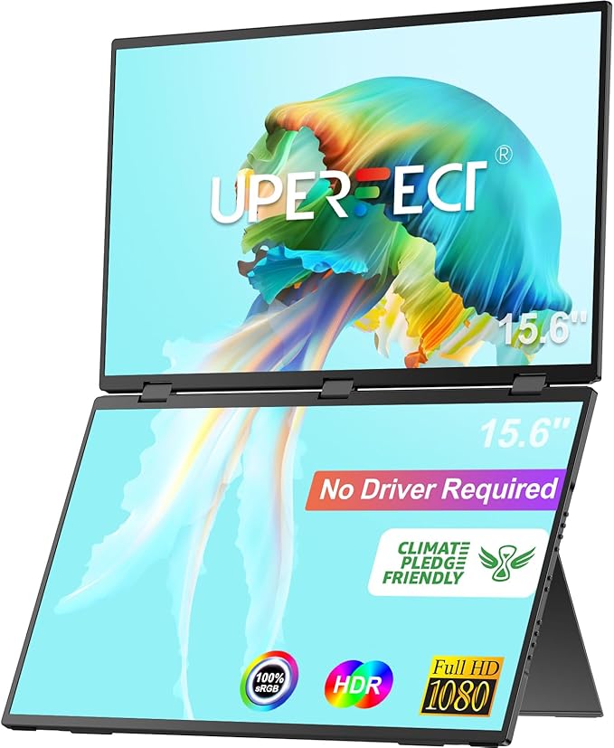UPERFECT Delta 15.6 Dual Portable Monitor for Laptop Screen Extender 1080P HDR 360° Folding Stacked Triple Monitor with Stand for Laptop PC Phone Game Console (No Driver Needed)