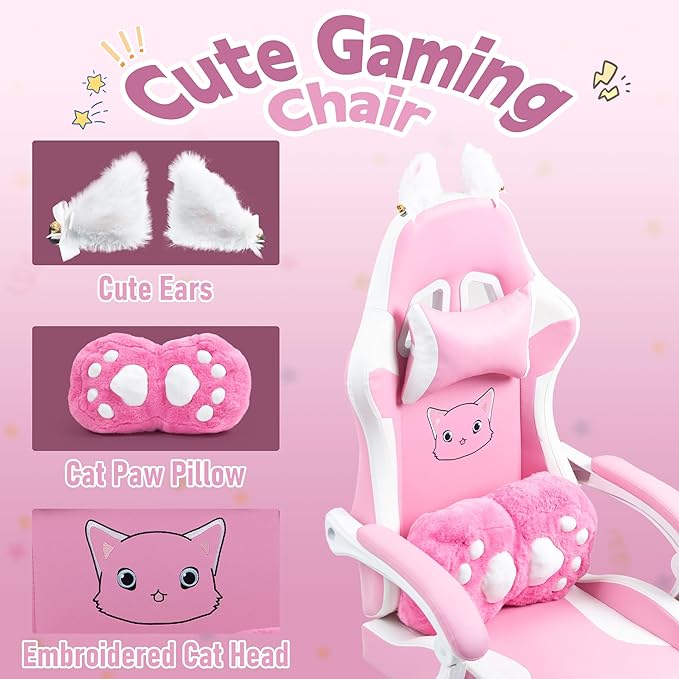 ALEAVIC Pink Gaming Chair with Cat Paw Lumbar Cushion and Cat Ears Reclining PC Game Computer Chairs Ergonomic Gamer Chair for Kids Girls Teens