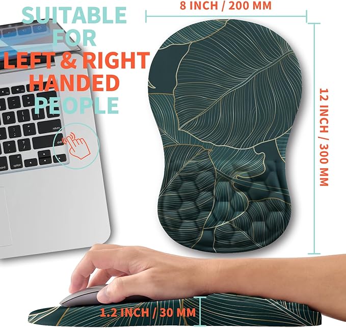 Ergonomic Mouse Pad Wrist Support with Memory Foam Massage Bulge Carpal Tunnel Pain Relief Mousepad Wrist Rest for Mouse(12x8 inch Leaves)