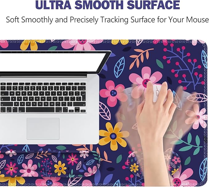 ToLuLu Extended Gaming Mouse Pad Memory Foam Ergonomic Keyboard Mouse Wrist Rest Support Set Large Desk Mat with Stitched Edges Non-Slip Base Mousepad for Home Office Game Study Purple Flowers