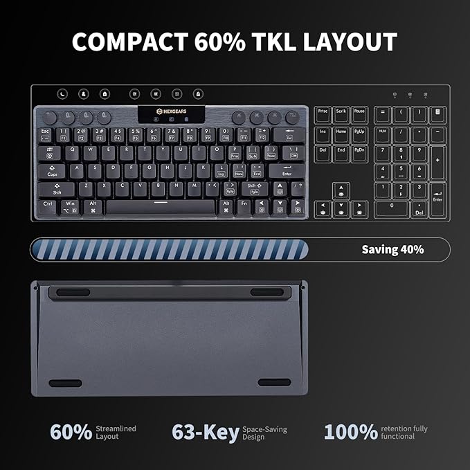 Hexgears A1 Low Profile Wireless Mechanical Keyboard - 60% Compact TKL Bluetooth 5.0/2.4GHz/Wired USB C Hot Swappable Linear Switch RGB Backlit Mini Portable Gaming Keyboard Aluminum for PC/MAC