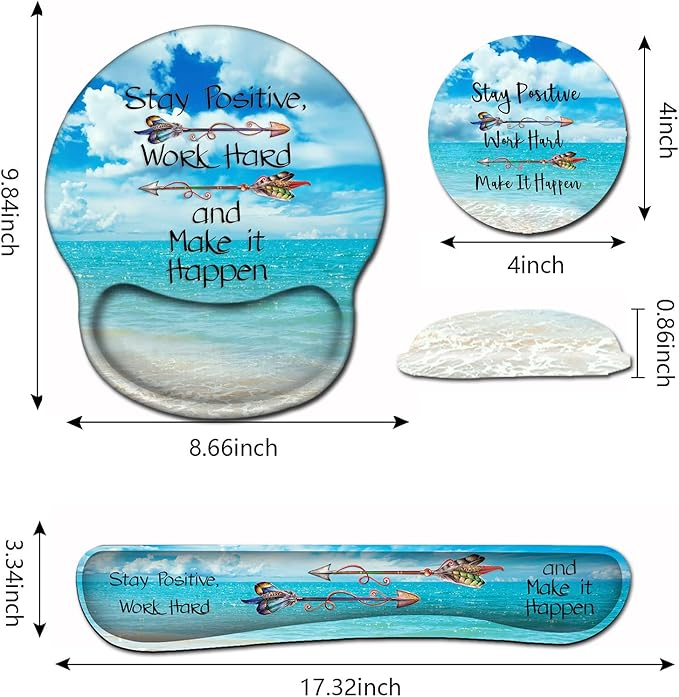 Mouse Pad Square Beach Style Anti-Slip Rubber Mousepad with Durable Stitched Edges for Gaming Office Laptop Computer PC Men Women Kids Stay Positive Work Hard and Blue Sky Ocean Cute Custom Pattern