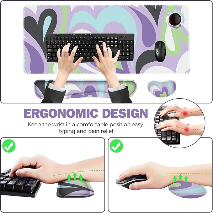 ToLuLu Extended Gaming Mouse Pad Memory Foam Ergonomic Keyboard Mouse Wrist Rest Support Set Large Desk Mat with Stitched Edges Non-Slip Base Mousepad for Home Office Game Study Purple Hearts
