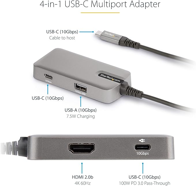 StarTech.com 4-in-1 USB C Hub with Extra Long Cable 4K 60Hz HDMI Alt-Mode 100W Power Delivery 10Gbps Fast Speed Type C Expansion Hub Portable Mini Docking Station for MacBook - TAA