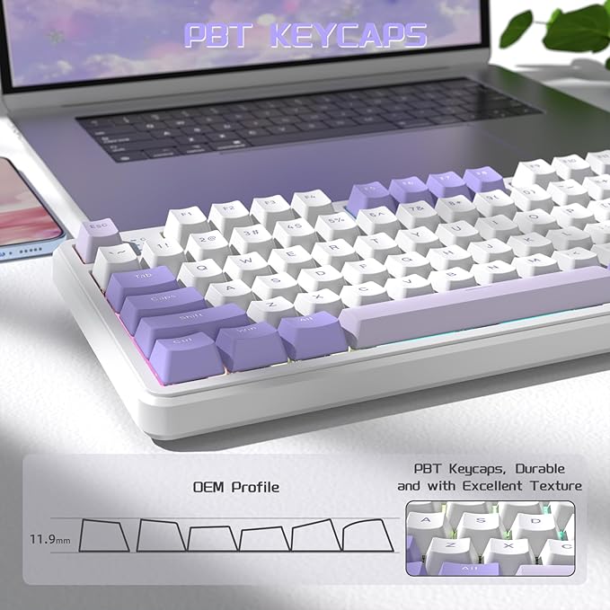 ATTACK SHARK X87 Wireless Mechanical Gaming Keyboard 87 Keys RGB Backlit Gasket Mount PC Gaming Keyboard Compact Hot-Swappable Mechanical Keyboard Sound Absorbing Pads Custom Switch(Purple White)