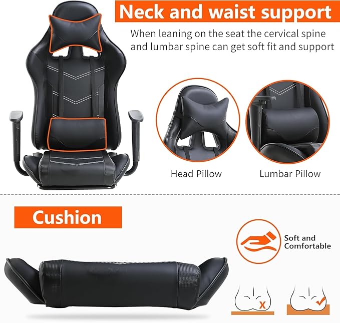 PC Gaming Chair with Footrest Ergonomic Home Office Chair with Lumbar Support &amp Headrest Pillow Height Adjustable Swivel Recliner Racing Computer Video Game Chairs Black