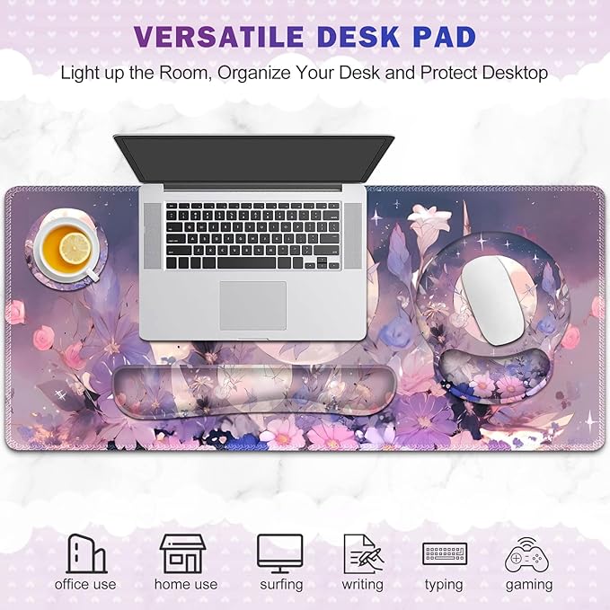 Large Desk Mat Gaming Mouse Pad Desk Pad Protector XXL Mousepad + Keyboard Wrist Rest+Mouse Wrist Rest+Coaster Set with Ergonomic Desk Pad for Home Office PC Computer Pastel Purple Flower Moon