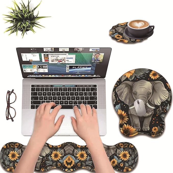 3 in 1 Keyboard Wrist Rest + Mouse Pad and Coaster Ergonomic Gel Mouse Pad and Keyboard Pad Set Comfortable Lightweight for Easy Typing Pain Relie Baby Elephant and Sunflower