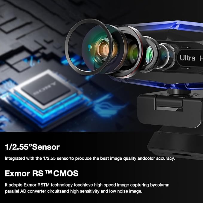 4K Ultra HD Remote Control with Stand Webcam LED RGB Lighting 95-Degree Wide Angle Auto Focus 1080P@60FPS Black USB 2.0 for Video Conferencing Desktop/Laptop