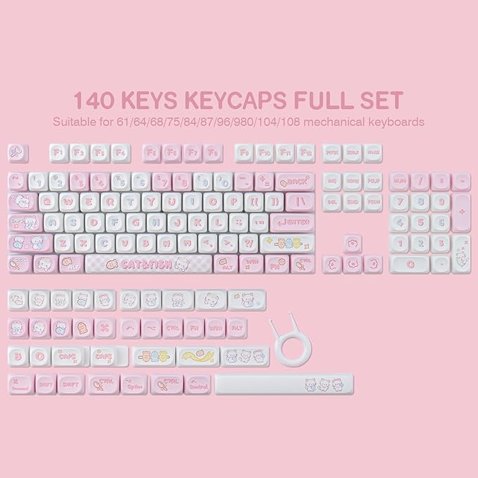 PBT Cute Kitty-cat Keycaps Set 140 Keys Dye-Sublimation MOA Profile Keycaps for Cherry Gateron MX Swithes Mechanical Keyboards