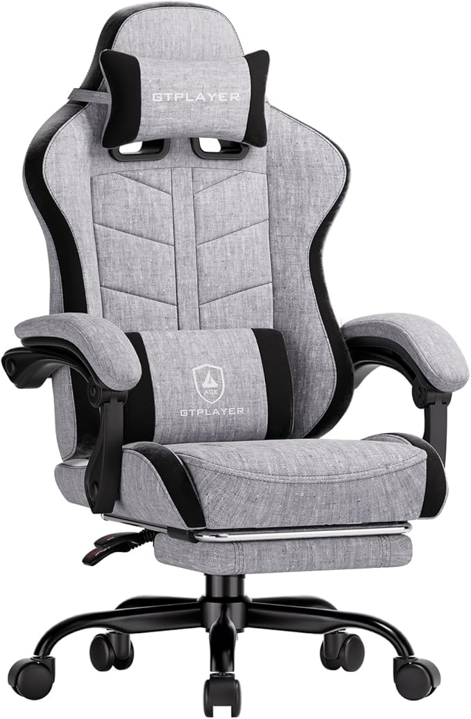 GTPLAYER Gaming Chair for Adults Ergonomic Computer Gaming Chair with Footrest Height Adjustable 90-155° Recline &amp Removable Headrest Lumbar Support Grey