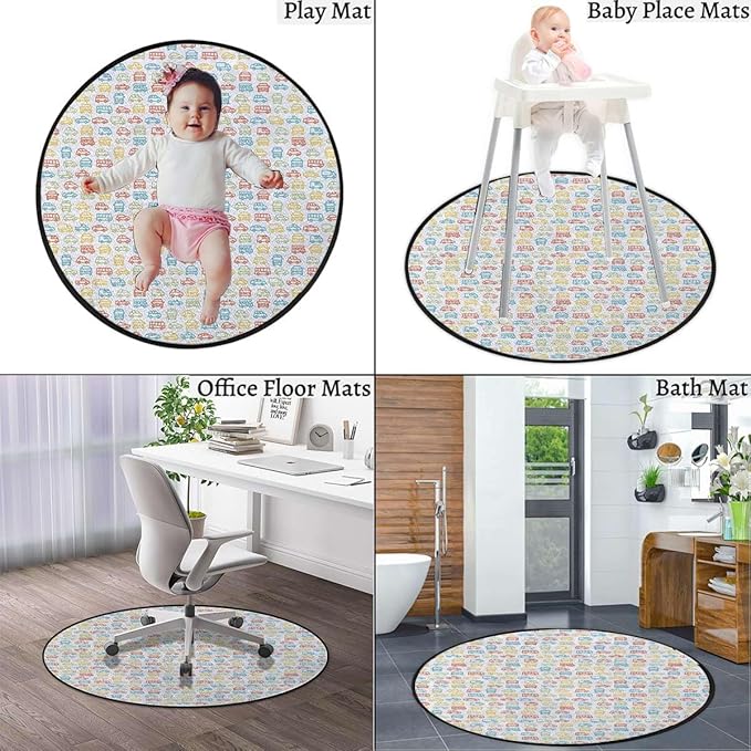 Multicolor Round RugCircle RugFarmhouse Distressed Non Slip Area Rug Round Rugs for Living Room Kitchen Bedroom Bathroom Vehicles Bus Truck Garbage Truck Cars Diameter 39.4 in