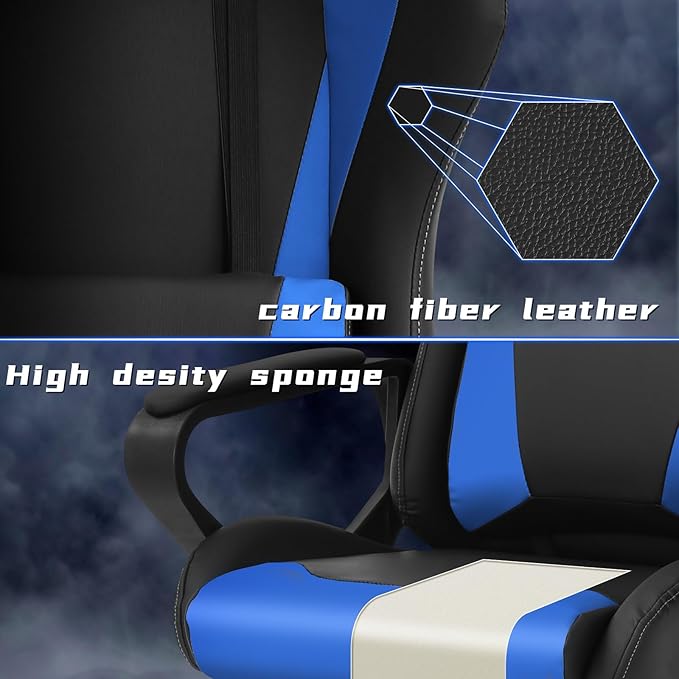 Blue Gaming Chair | Ergonomic High Back Desk Chair Racing Style with Lumbar Support Headrest &amp Arms - Heavy Duty Swivel Computer Chair for Office