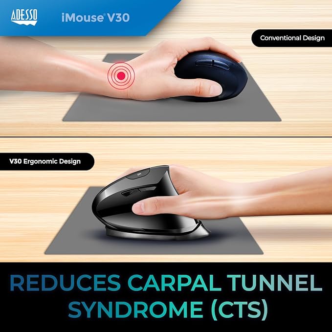 Adesso iMouse V30 Wireless Adjustable Vertical Ergonomic Mouse with Customizable Angles and DPI Switch - Reduces Wrist Strain 2.4GHz USB Receiver Made in Taiwan TAA-Compliant