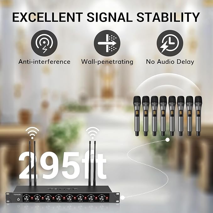 TONOR Wireless Microphones System with 8x12 Channels Cordless Handheld Microfono Inalambrico 90 m/295FT UHF Range Mics with Stable Signal Quick Mute for Karaoke Singing Party Church Wedding