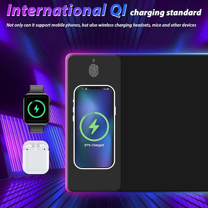 Wireless Charging RGB Mouse Pad Gaming LED Mousepad with 10 Light Modes Extra Large XXL Full Non-Slip Desk Pad Mat for Keyboard and Mouse Computer MacBook PC Laptop Acessories (800x300x4MM)