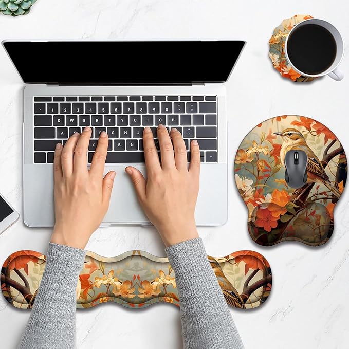 Keyboard Wrist Rest and Mouse Pad Wrist Support with Lace-Shaped Coaster Set Ergonomic Gel Memory Foam and Anti-Slip Base Easy Typing and Pain Relief - Larks Among Flowers
