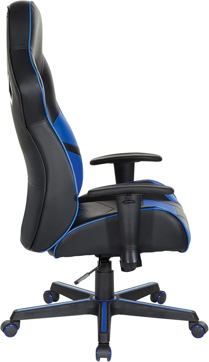 OSP Home Furnishings Vapor Ergonomic Adjustable High Back Faux Leather Gaming Chair with Coil Spring Seat and Integrated Cooling Airflow Blue Accents