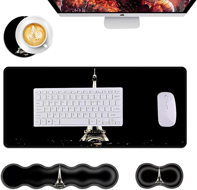 Mouse PadLarge Desk Mat Set 4in1 XL Mousepad + Keyboard Wrist Rest+Mouse Wrist Rest+Coaster with Ergonomic Desk Pad for Home Office Table Computer Cover -Eiffel Tower at Night