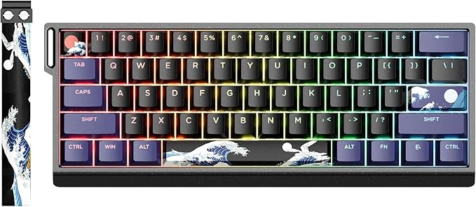 HITIME x XVX 60% Percent Keyboard with Strap H61 Wired Aluminum Gaming Keyboard Hot Swappable Kanagawa Anime PBT Keycaps RGB Backlit Cherry Profile Sound Absorbing Pads Creamy Linear Switch