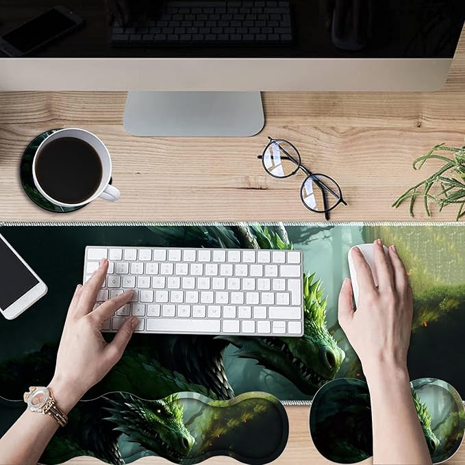Gaming Mouse Pad Set Large Gaming Mouse Pad+Keyboard Wrist Rest+Mouse Wrist Rest+Coaster Easy Typing Pain Relief 31.5 × 11.8 inch Desk Mat for Home Office - Forest Green Dragon