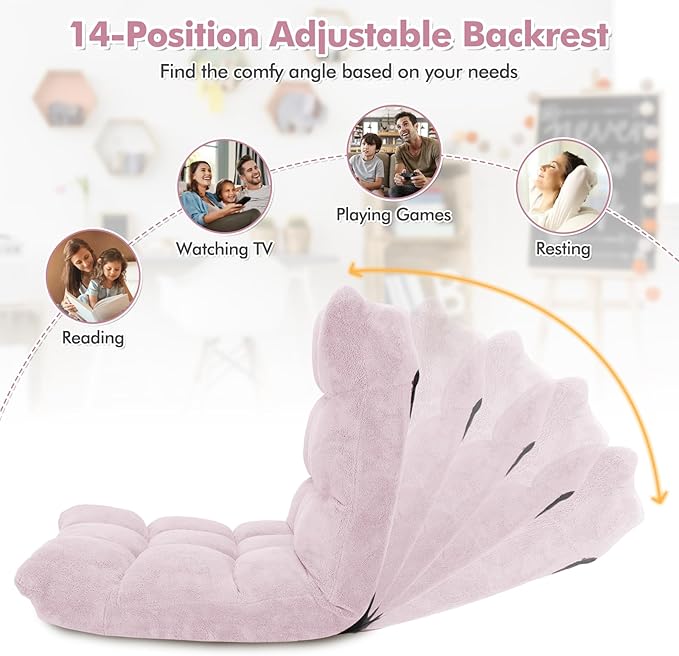 GOFLAME 14-Position Folding Floor Chair Padded Gaming Lazy Sofa Chair with Adjustable Backrest Couch Recliner Sleeper Bed Lounge Chair for Reading Gaming Meditating (Light Pink)